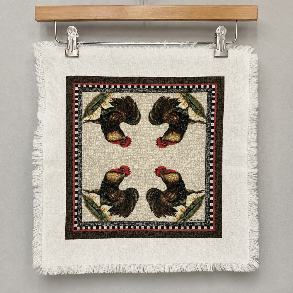 Vintage Rooster Woven Tapestry Napkin Fringed Farmhouse Kitchen Decor 17x17